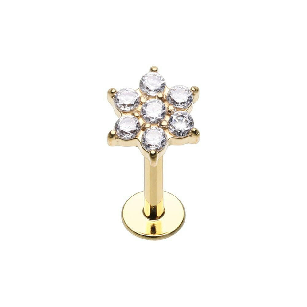 Golden CZ Flower Gem Top Steel Internally Threaded Labret Labret Impulse Piercings