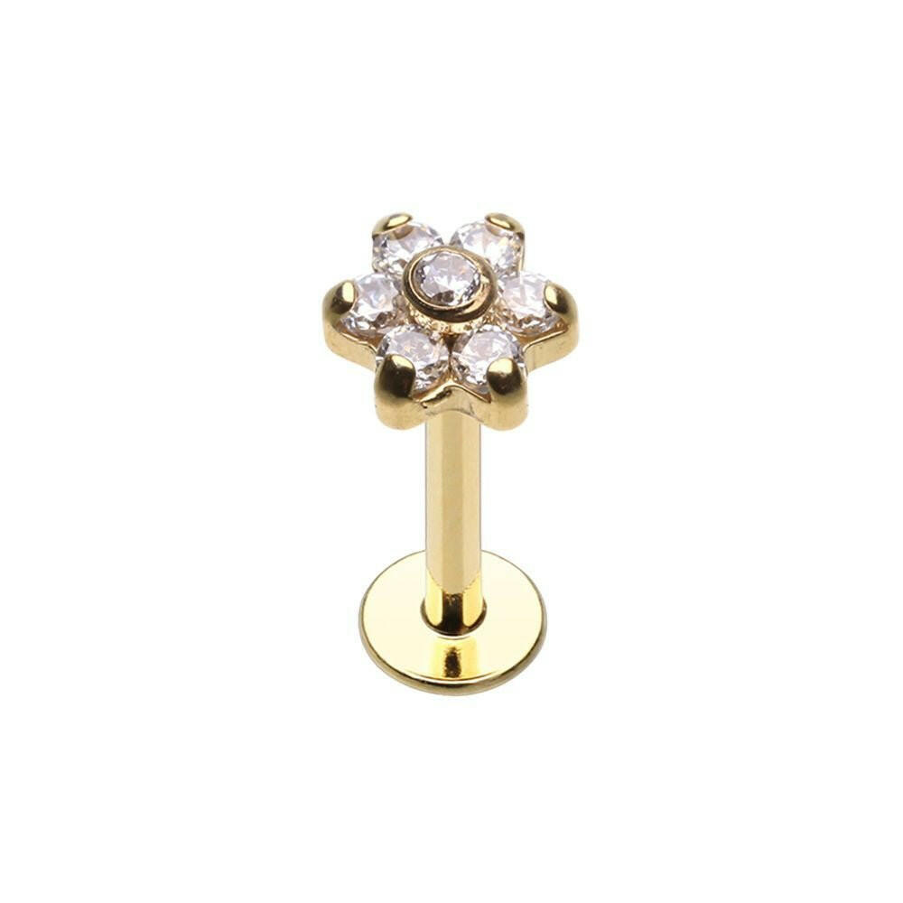 Golden CZ Flower Top Steel Internally Threaded Labret Labret Impulse Piercings