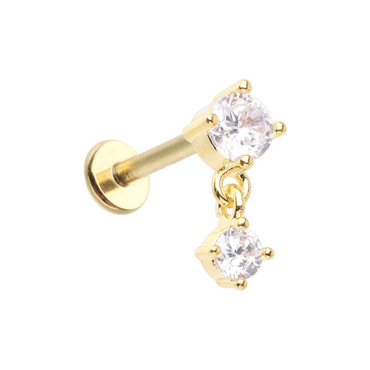 Golden CZ Prong Dainty Dangle Gem Top Steel Externally Threaded Labret Labret Impulse Piercings