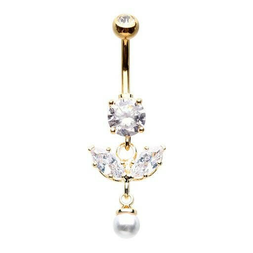 Golden Dainty Leaf Pearl Drop Cubic Zirconia Belly Button Ring Navel Ring Impulse Piercings