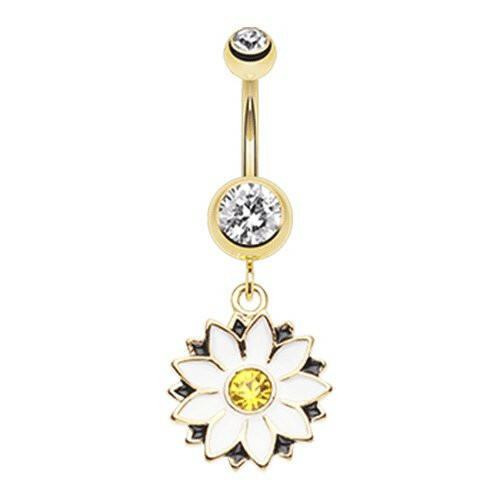 Golden Daisy Blossom Flower Belly Button Ring Navel Ring Impulse Piercings Clear/White