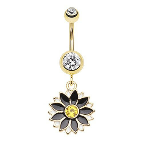 Golden Daisy Blossom Flower Belly Button Ring Navel Ring Impulse Piercings Clear/Black