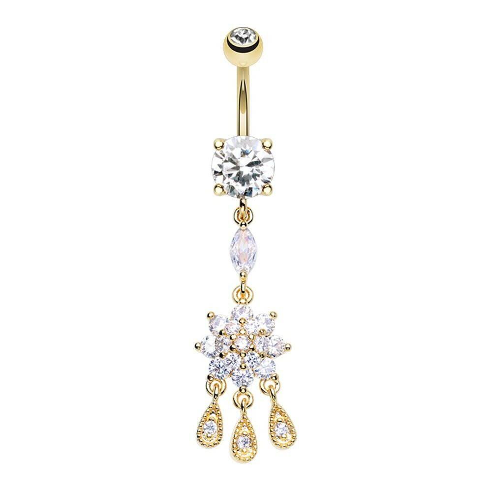 Golden Dangling Flower CZ Drop Cubic Zirconia Belly Button Ring Belly Button Ring Impulse Piercings 14 gauge (10mm)