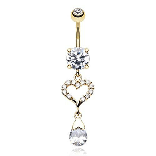 Golden Darling Heart Sparkle Cubic Zirconia Belly Button Ring Navel Ring Impulse Piercings