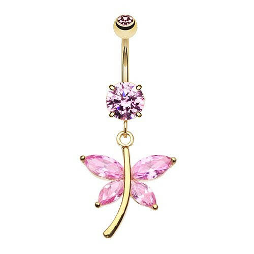 Golden Dazzling Butterfly Cubic Zirconia Belly Button Ring Navel Ring Impulse Piercings Pink