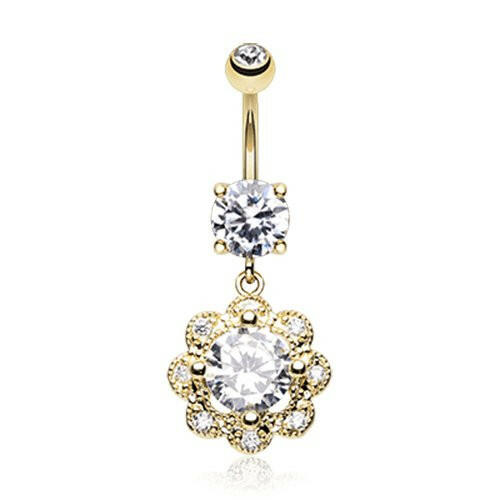 Golden Dazzling Flower Cubic Zirconia Belly Button Ring Navel Ring Impulse Piercings