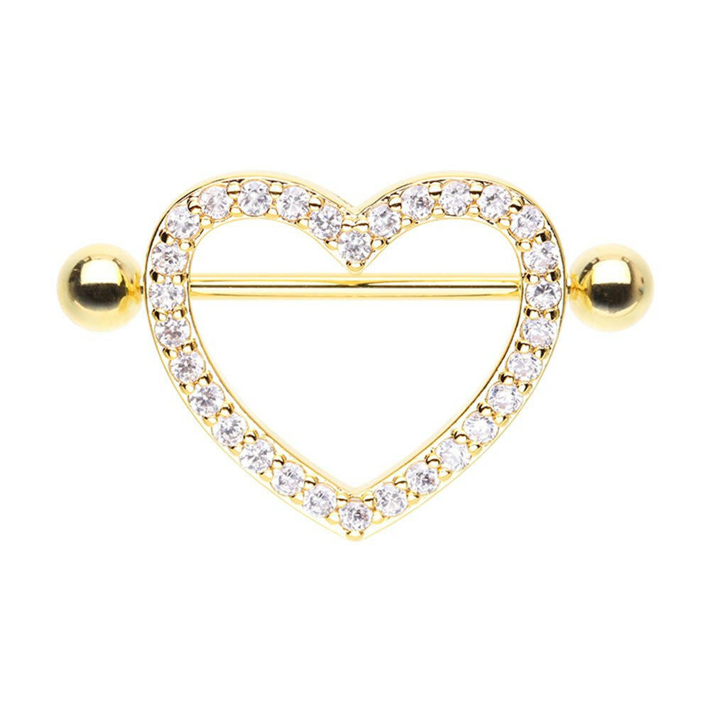 Golden Dazzling Multi Gem Heart Nipple Shield Ring Nipple Ring Impulse Piercings 14 GA (1.6mm)/Clear