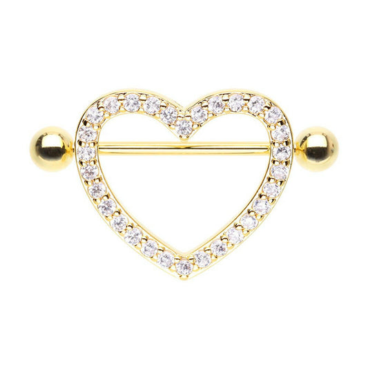 Golden Dazzling Multi Gem Heart Nipple Shield Ring Nipple Ring Impulse Piercings 14 GA (1.6mm)/Clear