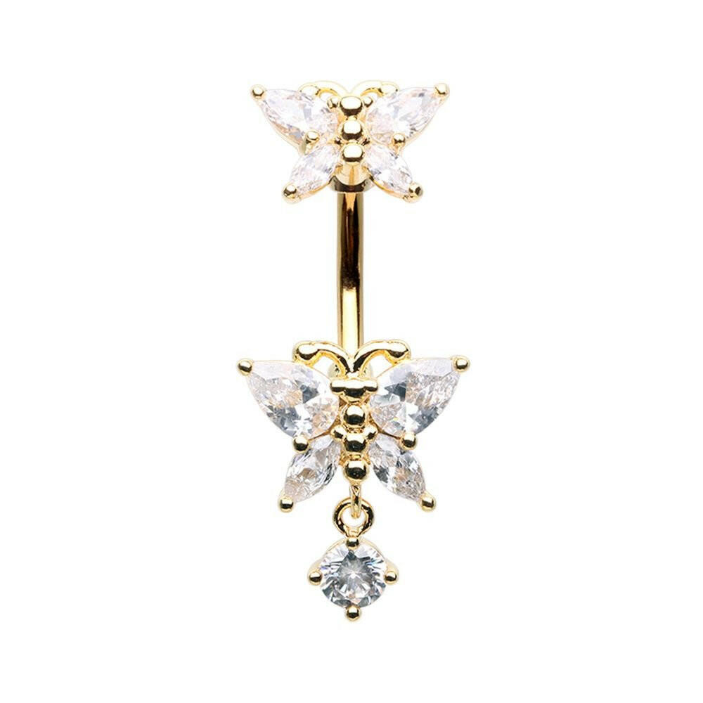 Golden Double Butterfly Dangle Drop Cubic Zirconia Belly Button Ring Navel Ring Impulse Piercings