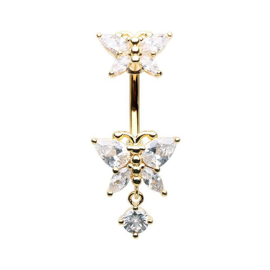 Golden Double Butterfly Dangle Drop Cubic Zirconia Belly Button Ring Navel Ring Impulse Piercings