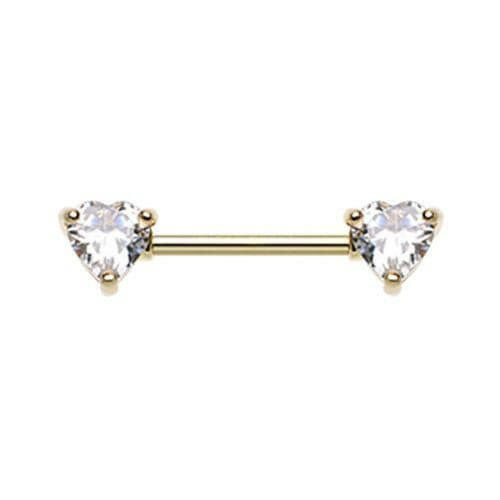 Golden Double Heart Gem Nipple Barbell Ring Nipple Ring Impulse Piercings 14 GA (1.6mm) Clear