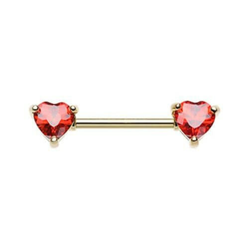 Golden Double Heart Gem Nipple Barbell Ring Nipple Ring Impulse Piercings 14 GA (1.6mm) Red