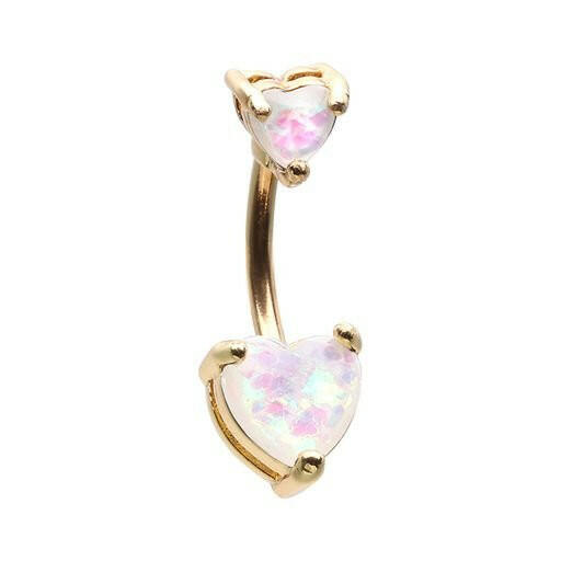 Golden Double Heart Opal Sparkle Prong Set Belly Button Ring Navel Ring Impulse Piercings