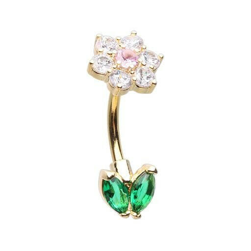 Golden Double Icon Blooming Flower Cubic Zirconia Belly Button Ring Navel Ring Impulse Piercings