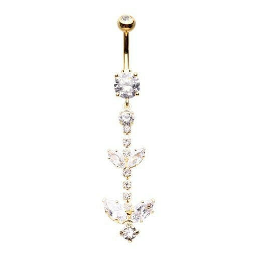 Golden Double Leaf Drop Cubic Zirconia Belly Button Ring Navel Ring Impulse Piercings