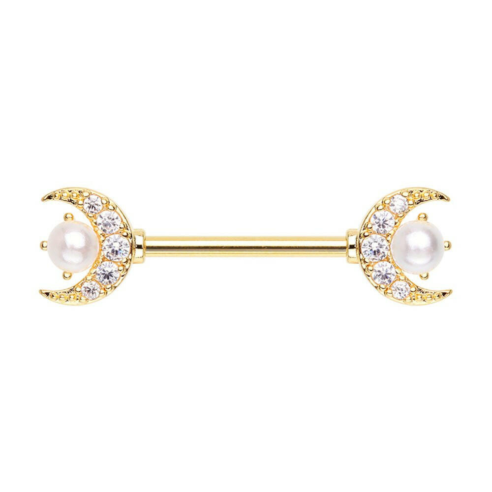 Golden Double Moon Pearl Nipple Barbell Ring Nipple Ring Impulse Piercings