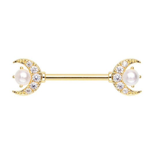 Golden Double Moon Pearl Nipple Barbell Ring Nipple Ring Impulse Piercings