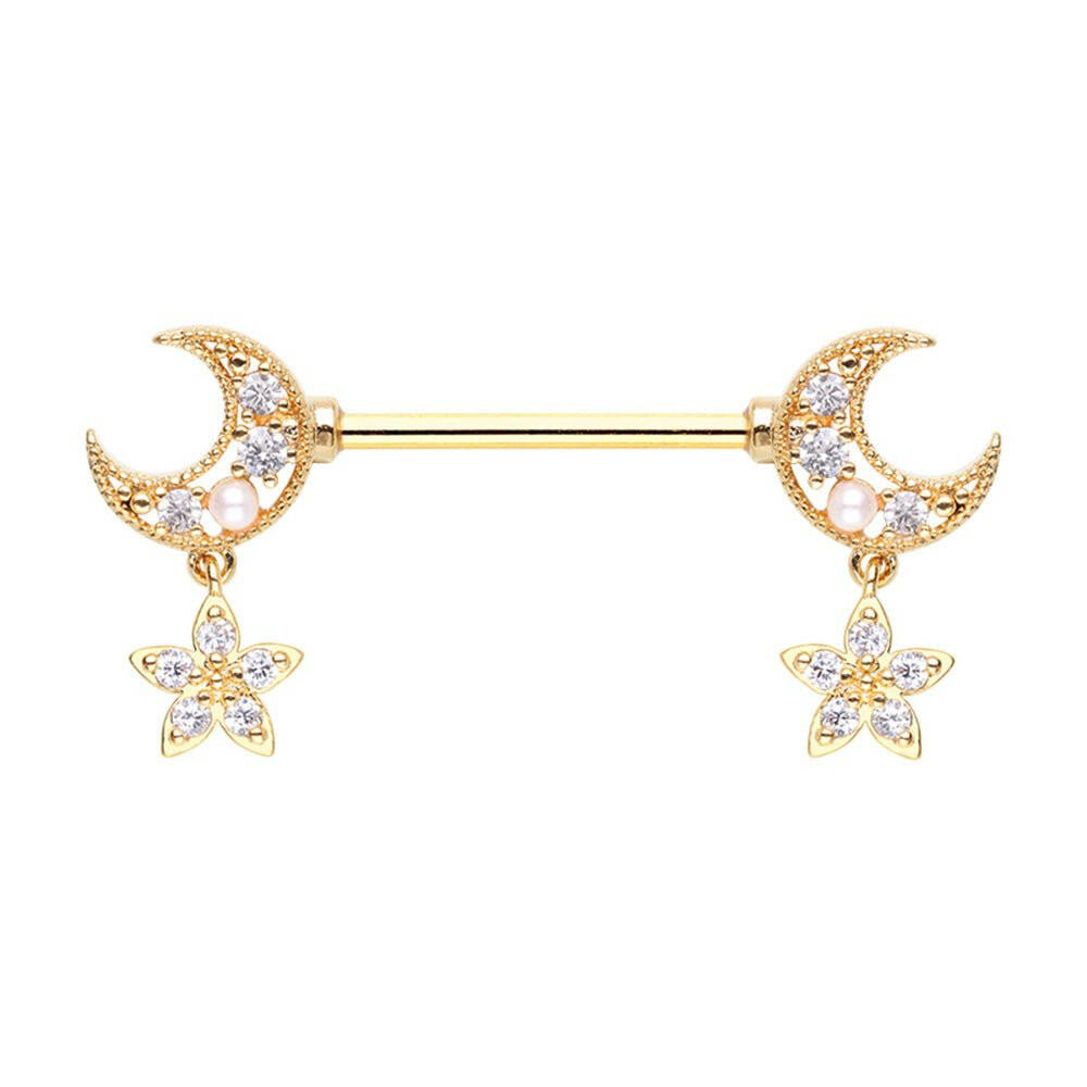 Golden Double Moon Twinkle Star Dangle Nipple Barbell Ring Nipple Ring Impulse Piercings