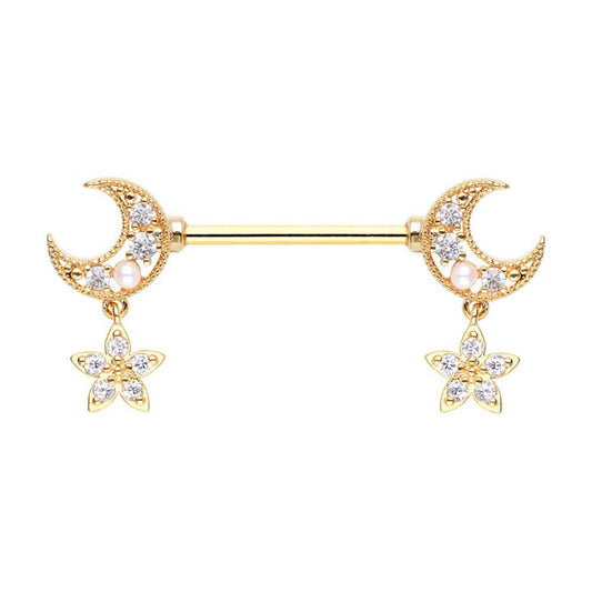 Golden Double Moon Twinkle Star Dangle Nipple Barbell Ring Nipple Ring Impulse Piercings