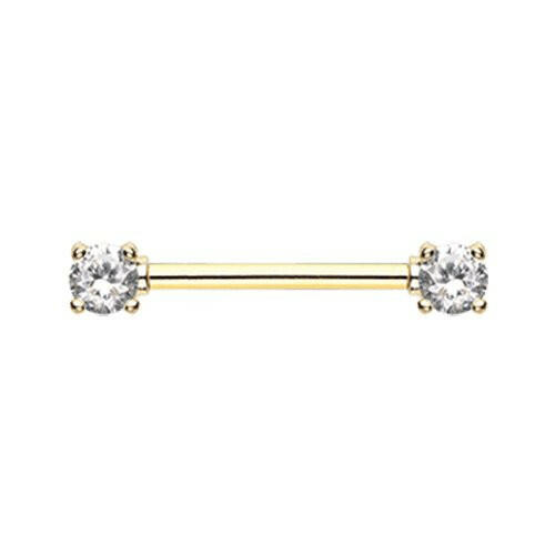 Golden Double Prong Cubic Zirconia Gem Nipple Barbell Ring Nipple Ring Impulse Piercings