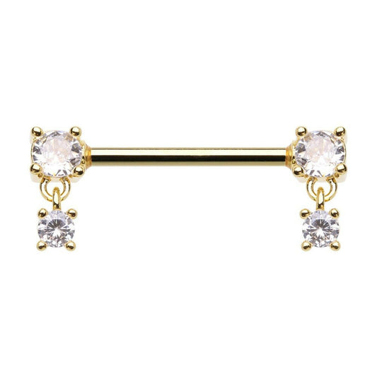 Golden Double Prong Dangle Cubic Zirconia Gem Nipple Barbell Ring Nipple Ring Impulse Piercings 14 GA Length (16mm)