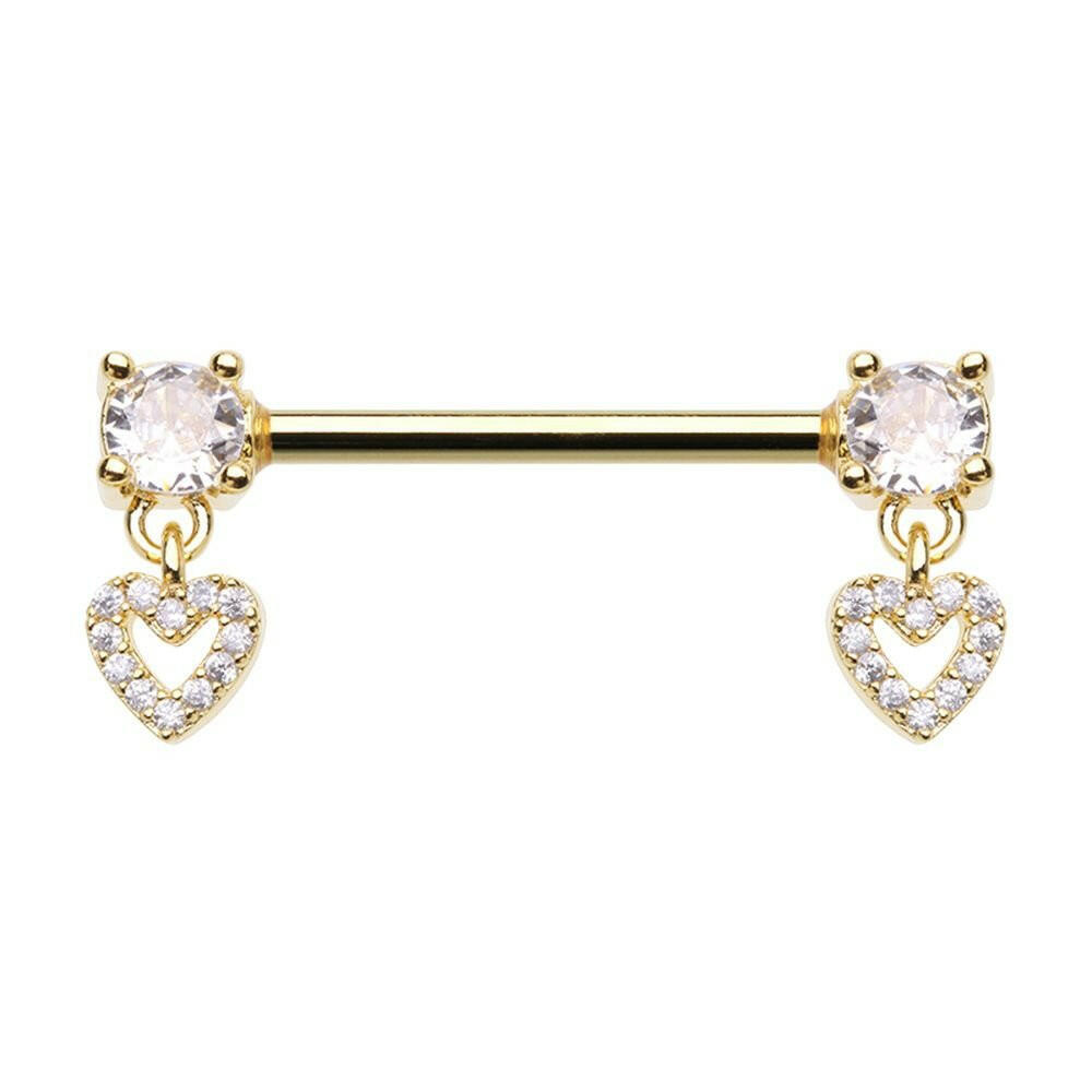 Golden Double Prong Heart Dangle Cubic Zirconia Gem Nipple Barbell Ring Nipple Ring Impulse Piercings 14 GA Length(16mm)