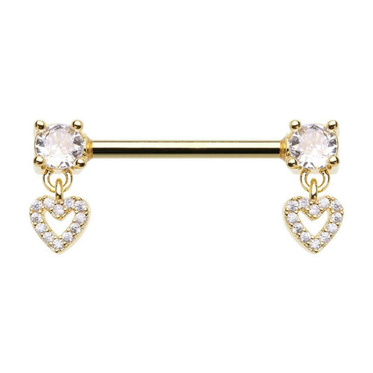 Golden Double Prong Heart Dangle Cubic Zirconia Gem Nipple Barbell Ring Nipple Ring Impulse Piercings 14 GA Length(16mm)