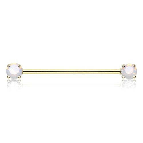 Golden Double Prong Opal Gem Industrial Barbell Industrial Barbell Impulse Piercings White