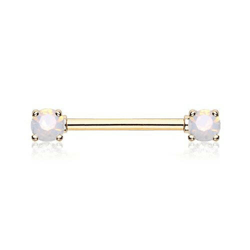 Golden Double Prong Opal Gem Nipple Barbell Ring Nipple Ring Impulse Piercings 14 GA (1.6mm) White