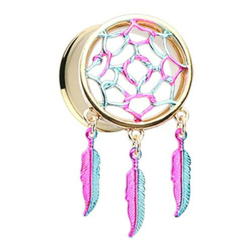 Golden Dreamcatcher Feather Dangle Ear Gauge Plug Plugs Impulse Piercings 6 gauge (4mm)