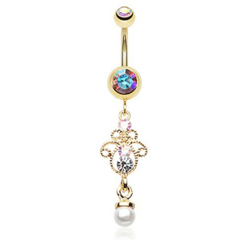 Golden Elegant Jeweled Pearl Dangle Belly Button Ring Navel Ring Impulse Piercings