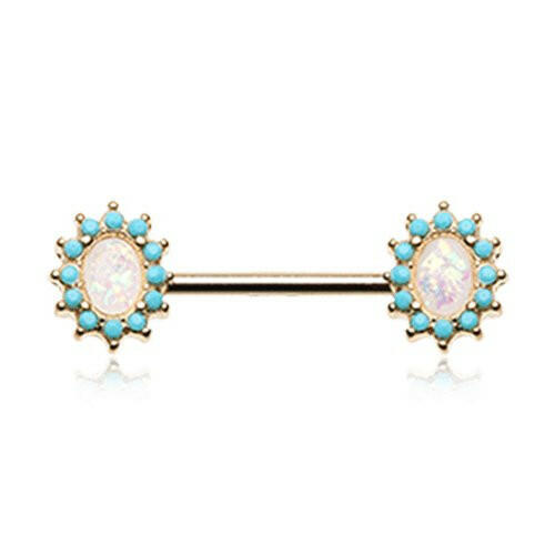 Golden Elegant Opal Turquoise Nipple Barbell Ring Nipple Ring Impulse Piercings