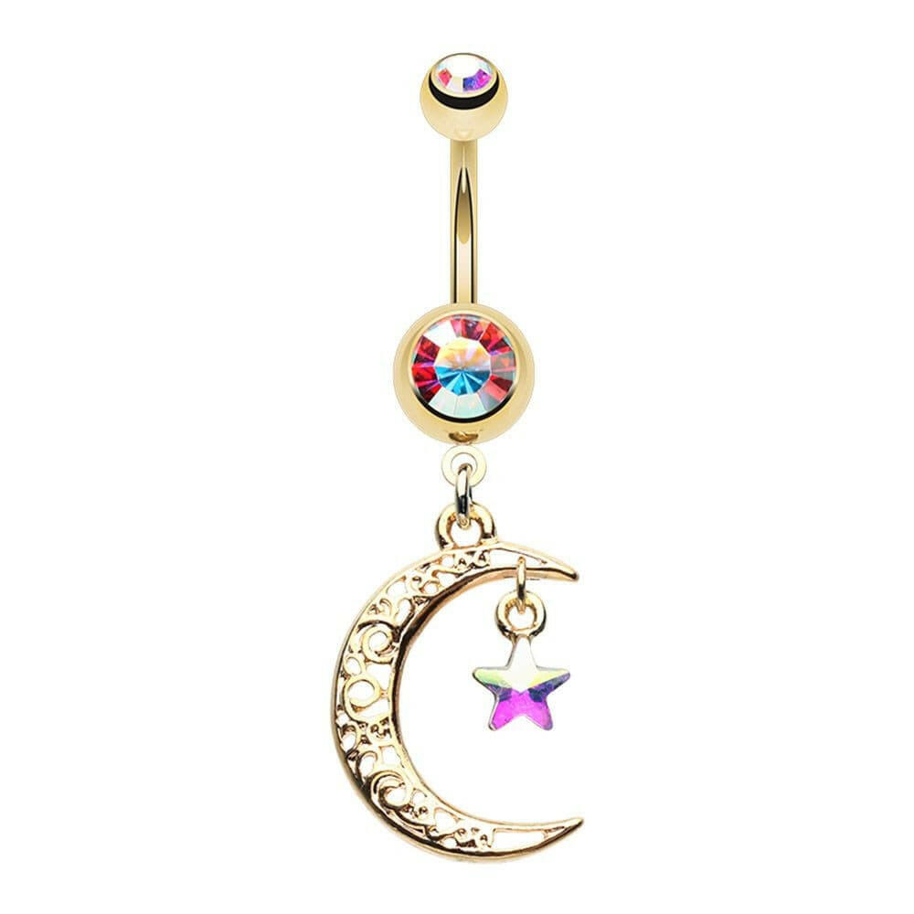 Golden Filigree Moon Star Sparkle Belly Button Ring Navel Ring Impulse Piercings