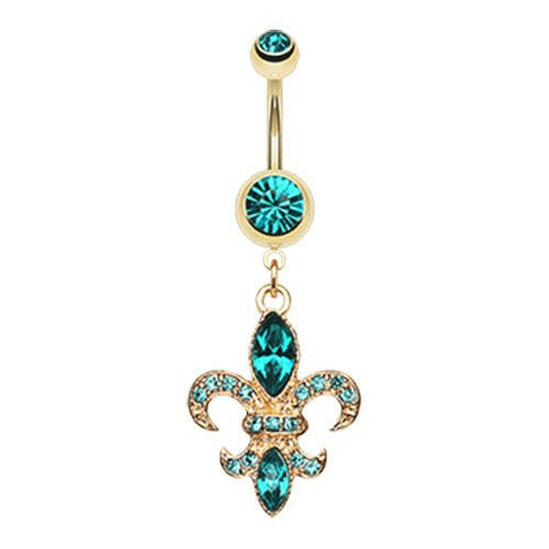 Golden Fleur de Lis Belly Button Ring Navel Ring Impulse Piercings Teal