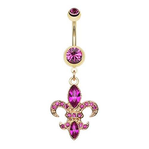 Golden Fleur de Lis Belly Button Ring Navel Ring Impulse Piercings Fuchsia