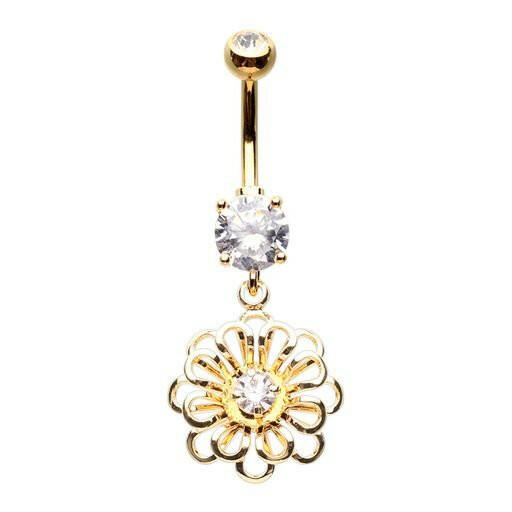 Golden Flower Dangle Cubic Zirconia Belly Button Ring Navel Ring Impulse Piercings