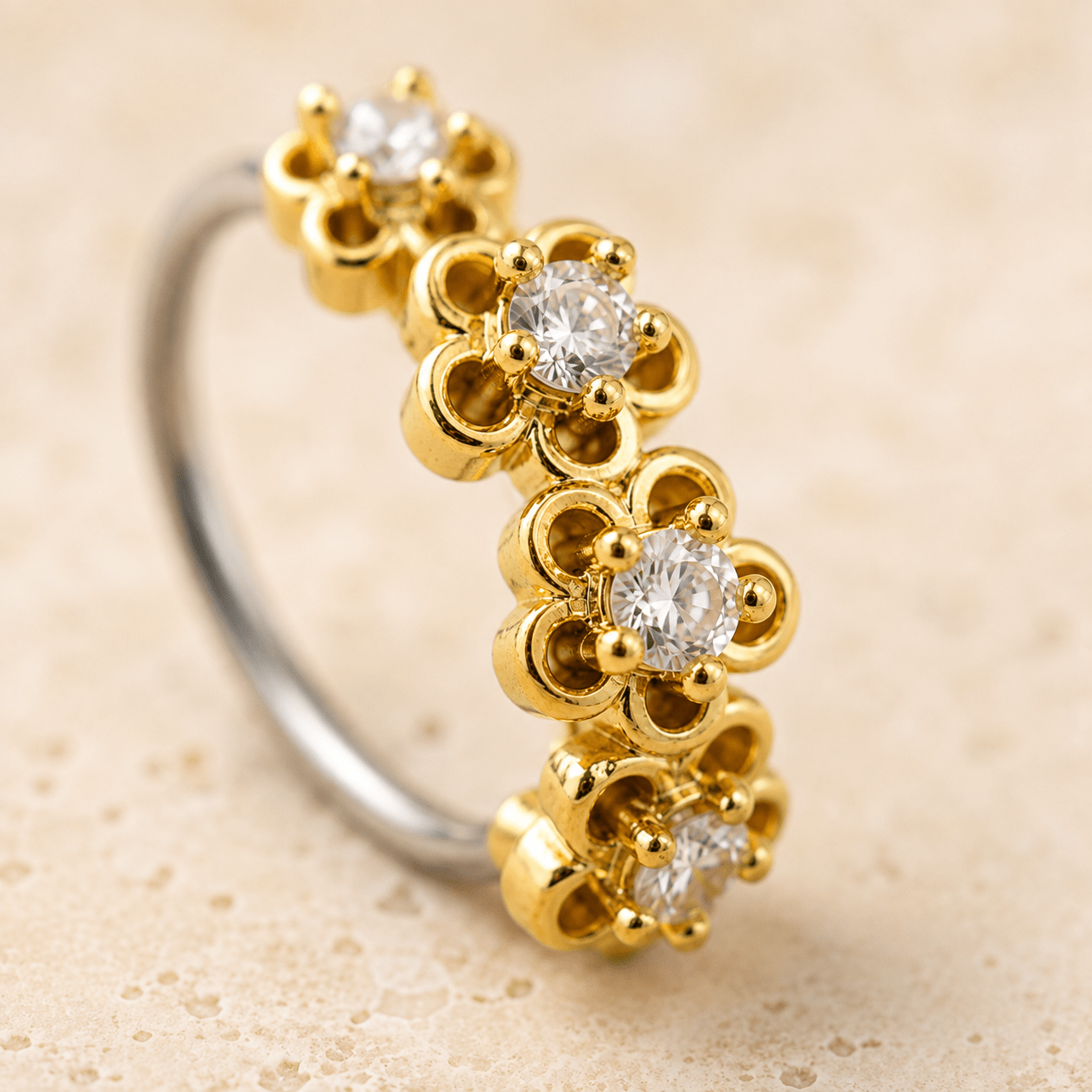 Golden Flowers Seamless Circular Ring 16G CZ - Skin Metals