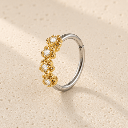 Golden flowers seamless circular ring 16G, four gold flowers prong set CZ 316L stainless steel