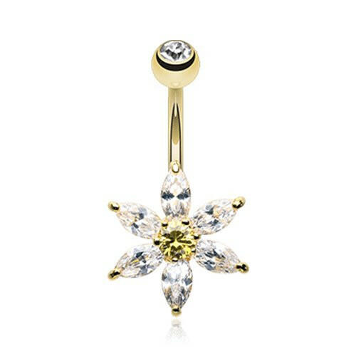 Golden Glistening Flower Bliss Cubic Zirconia Belly Button Ring Navel Ring Impulse Piercings