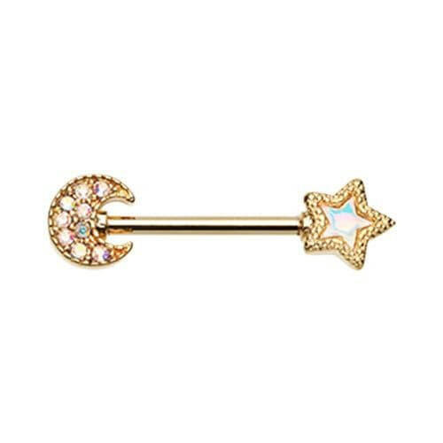 Golden Glistening Moon & Star Revo Nipple Barbell Ring Nipple Ring Impulse Piercings