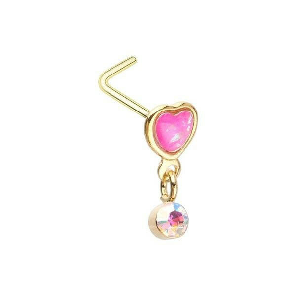 Golden Glitter Opal Heart Shape Dangle Gem L-Shape Nose Ring Nose Ring Impulse Piercings 20 GA Length (7mm)