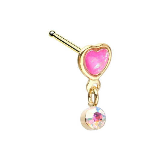 Golden Glitter Opal Heart Shape Dangle Gem Nose Stud Ring Nose Ring Impulse Piercings 20 GA Length (7mm)