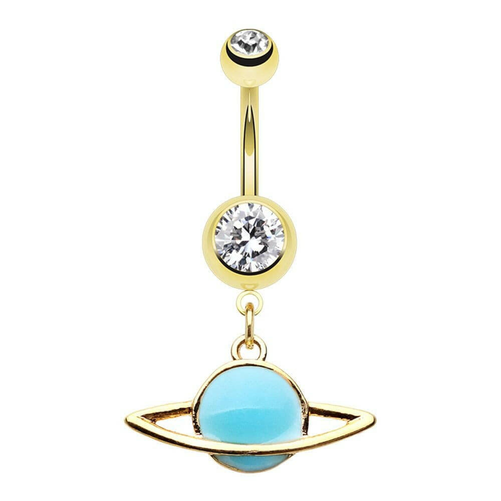 Golden Glow in the Dark Saturn Ring Planet Belly Button Ring Navel Ring Impulse Piercings