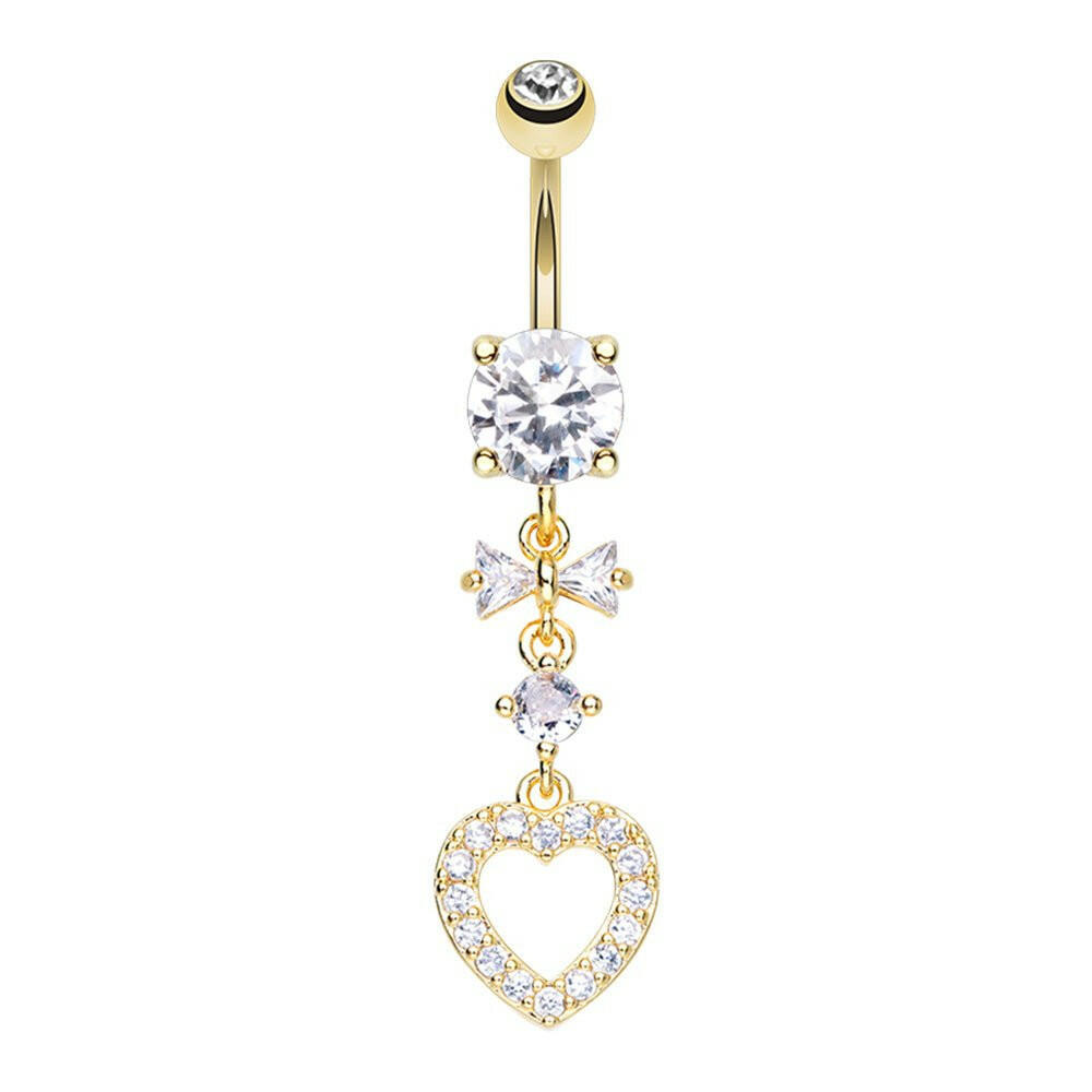 Golden Heart Bow CZ Drop Cubic Zirconia Belly Button Navel Ring Belly Button Ring Impulse Piercings