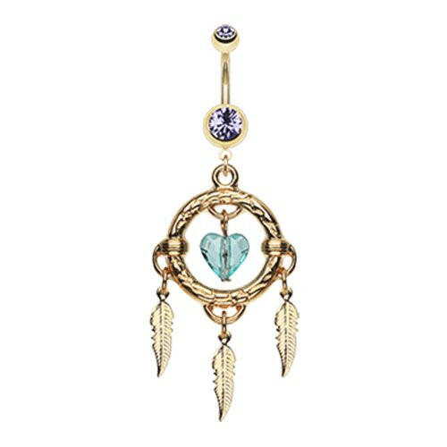 Golden Heart Hoop Dream Catcher Belly Button Ring Navel Ring Impulse Piercings Tanzanite