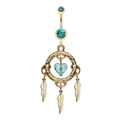 Golden Heart Hoop Dream Catcher Belly Button Ring Navel Ring Impulse Piercings Teal