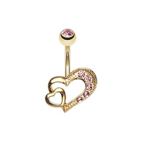 Golden Heart on Heart Belly Button Ring Navel Ring Impulse Piercings Light Pink