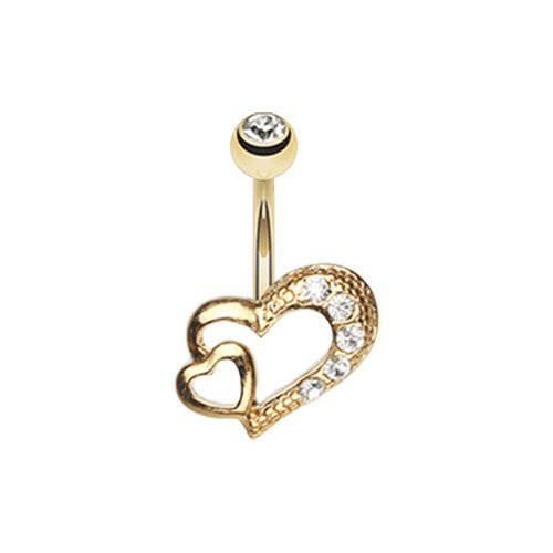 Golden Heart on Heart Belly Button Ring Navel Ring Impulse Piercings Clear