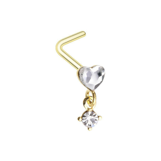 Golden Heart Prong Set Dangle Gem L-Shape Nose Ring Impulse Piercings