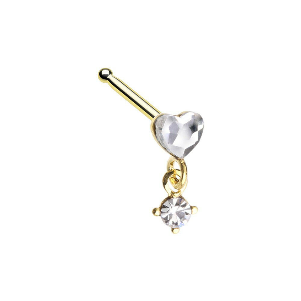 Golden Heart Prong Set Dangle Gem Nose Stud Ring Impulse Piercings